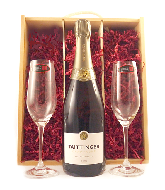 2016 Taittinger Brut Millsim Vintage Champagne 2016 with Two Riedel Crystal Champagne Flutes