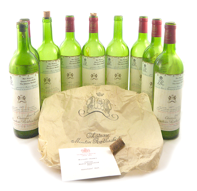 Seven empty bottles of 1977 Chateau Mouton Rothschild from a Banquet at Clarence House SW1A 1BA (Royal Interest)